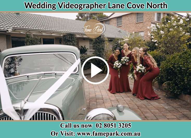 The bridesmaids looking at the wedding car Lane Cove North NSW 2066